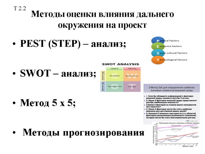 Методы оценки влияния дальнего окружения на проект PEST (STEP) – анализ;  SWOT –